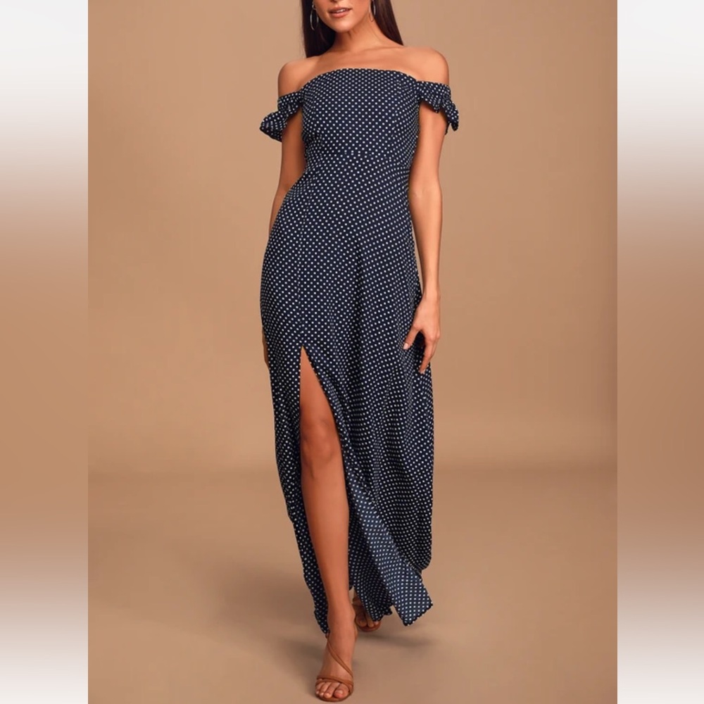 Navy Blue Polka Dot Off the Shoulder Maxi Dress/Size Small